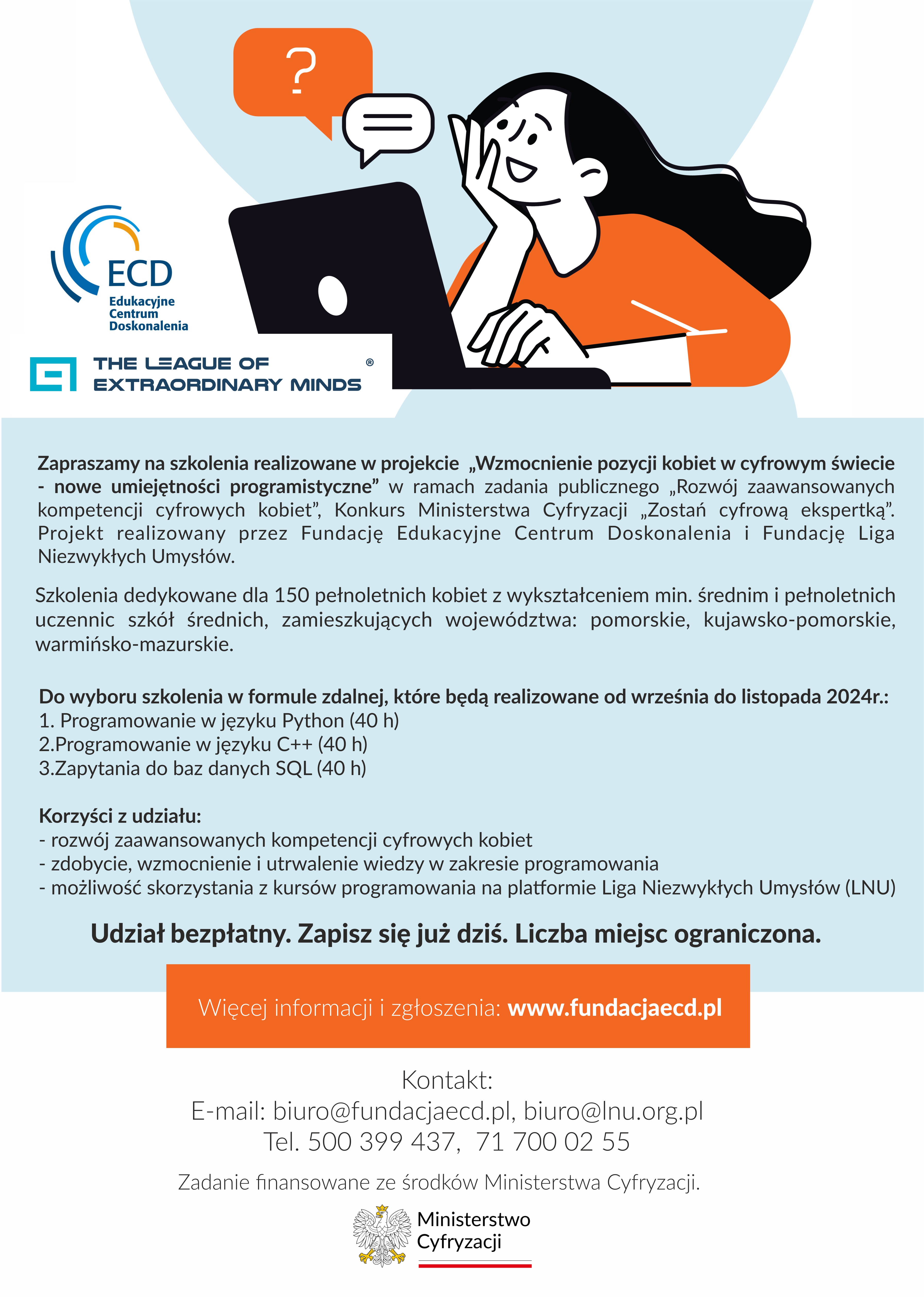 Plakat promujący bezpłatne szkolenia z programowania dla kobiet